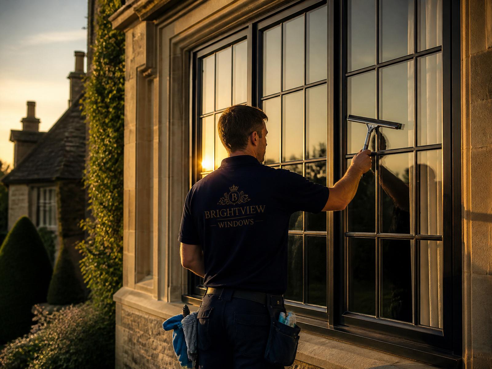 A professional window cleaner polishing the tall glazed windows of a stately home at golden hour